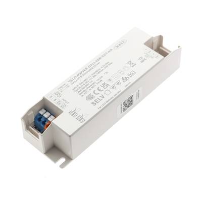 Gros plan d'un contrôleur de puissance LED blanc rectangulaire avec des connecteurs, du texte étiqueté et des symboles pour améliorer l'efficacité énergétique de l'éclairage LED.