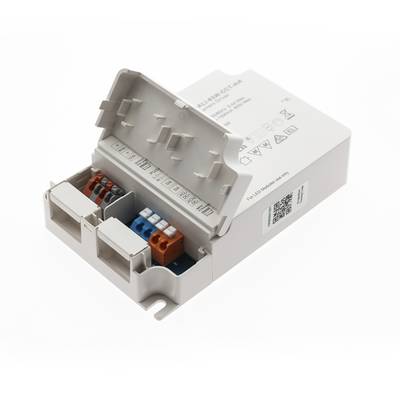 Appareil électrique gris avec couvercle ouvert, révélant des connecteurs colorés et des compartiments étiquetés ; idéal pour les installations d'éclairage LED.