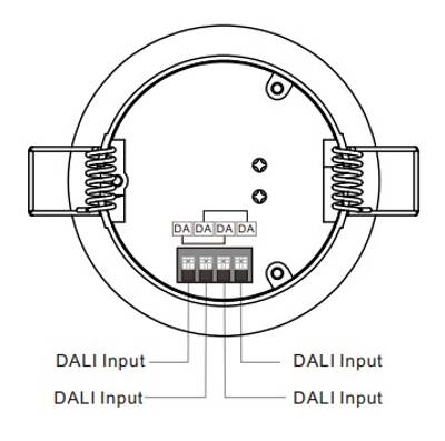 Schéma d'un connecteur d'entrée DALI ; circulaire avec 4 connecteurs DA, ressorts latéraux et câblage reliant chaque connecteur dans le mouvement d'éclairage LED.