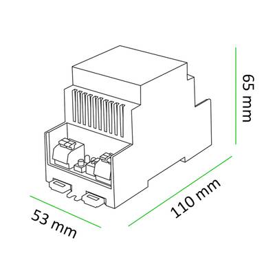 Dessin d'un dispositif électronique à LED, dimensions 110x65x53 mm, pour une solution efficace d'éclairage de mouvement à LED.