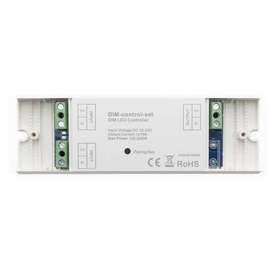 Contrôleur DIM à LED blanches rectangulaires, connexions d'entrée/sortie, informations sur l'éclairage au milieu du boîtier.