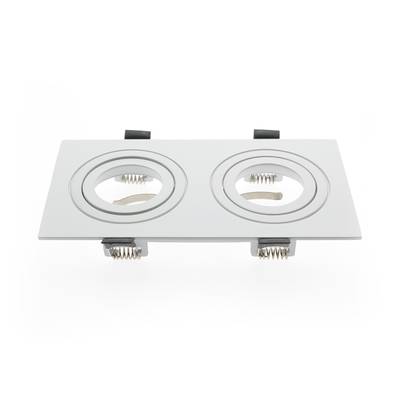 Downlight LED, forme rectangulaire avec deux barres lumineuses rondes, ressorts et supports visibles pour une installation facile ; design blanc économe en énergie.