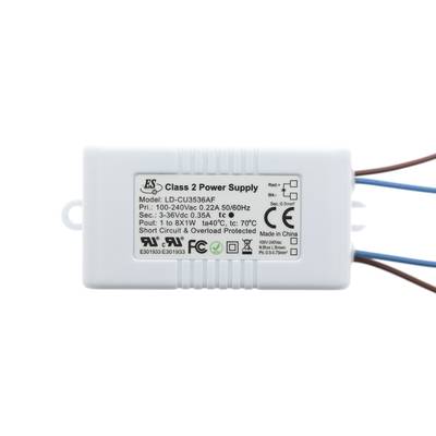 Alimentation LED blanche rectangulaire, spécifications et logos de certification sur l'étiquette.