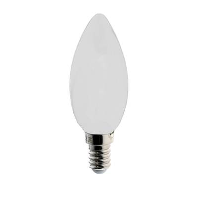 Lampe LED en forme de bougie avec un culot à vis argenté sur fond blanc, idéale pour les solutions d'éclairage à faible consommation d'énergie.