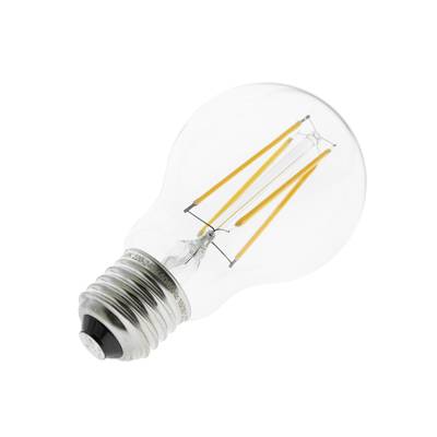 Lampe LED lumineuse avec filaments visibles et design moderne sur fond blanc ; une solution d'éclairage économe en énergie.