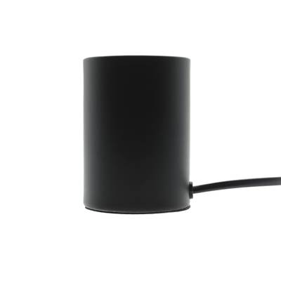 Contrôleur LED cylindrique noir et cordon d'alimentation sur fond blanc, détails des composants d'éclairage