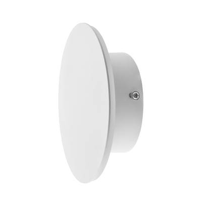 Applique ronde blanche avec surface circulaire plate et base cylindrique, vue oblique. Idéale pour les intérieurs modernes et ajoute de l'ambiance grâce à l'éclairage LED.