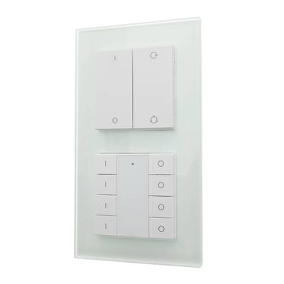 Texte alternatif : "Panneau d'interrupteurs LED pour la maison intelligente avec plusieurs boutons sur un fond de verre élégant pour des solutions d'éclairage modernes.