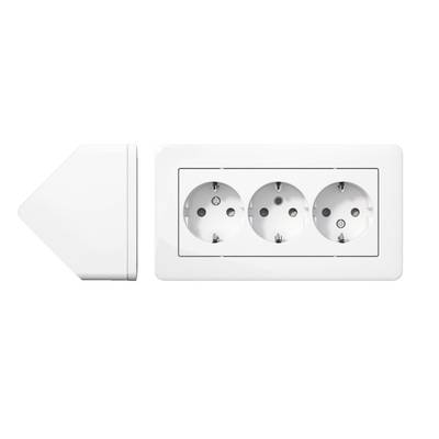 Trois prises blanches en rangée avec une pièce d'angle triangulaire, mettant en valeur des éléments d'éclairage LED modernes.