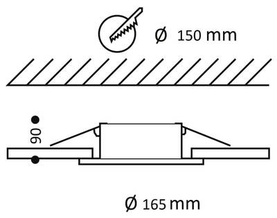 Schéma d'installation pour luminaire encastré : profondeur 90 mm, diamètre de coupe 150 mm, diamètre total 165 mm - Mouvement d'éclairage LED.