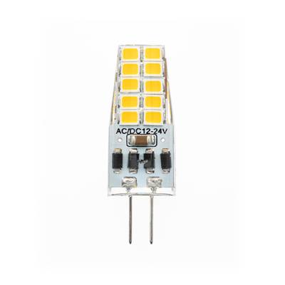 Ampoule LED avec plusieurs diodes jaunes, marquée AC/DC 12-24V, socle avec deux broches métalliques pour des solutions d'éclairage polyvalentes.