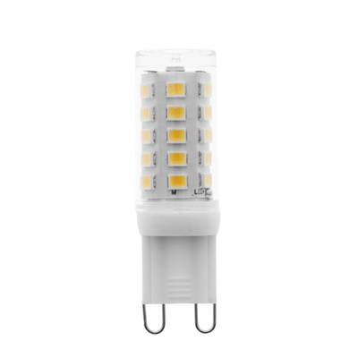 Gros plan d'une lampe LED blanche économe en énergie, avec des diodes jaunes et deux pointes métalliques pour la commutation du mouvement de l'éclairage sur l'écran.