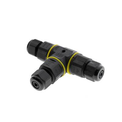 Connecteur de câble électrique noir en forme de T, étanche, avec trois embouts à vis et des anneaux jaunes pour l'éclairage par LED.