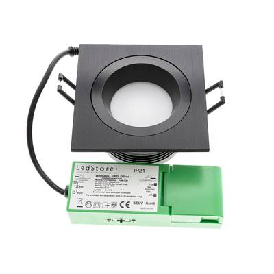 Downlight LED encastré carré noir avec driver LED vert sur fond blanc - Solution d'éclairage économe en énergie