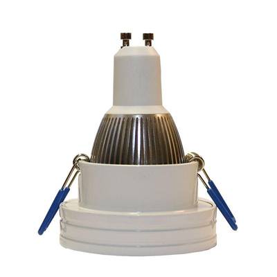 Texte alternatif : "Spot LED blanc et argent économe en énergie avec deux supports bleus sur la base, idéal pour les solutions d'éclairage contemporaines.