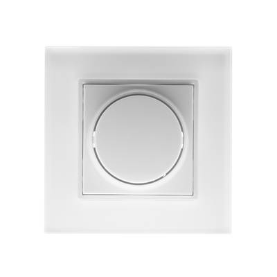 Variateur avec plaque carrée blanche et bouton rond, visible sur un fond blanc uni, idéal pour le contrôle de l'éclairage LED.