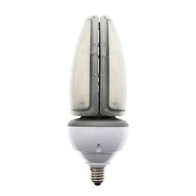 Vue latérale d'une lampe de maïs à LED avec fond gris et puces LED à deux panneaux sur fond blanc pour des solutions d'éclairage à faible consommation d'énergie.