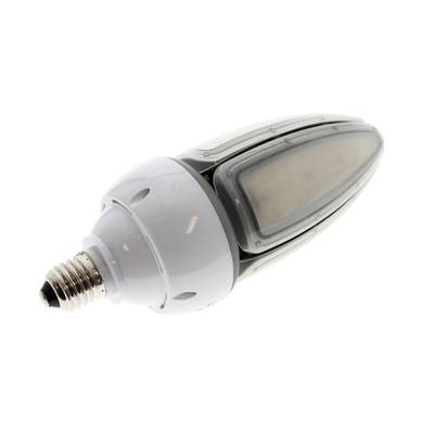 Ampoule LED à incandescence avec un culot en spirale et un boîtier en plastique transparent avec des panneaux LED rectangulaires sur fond blanc, idéale pour un éclairage économe en énergie.