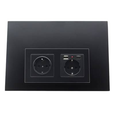Panneau mural d'éclairage LED noir avec deux prises et un port USB-C pour une installation électrique moderne.