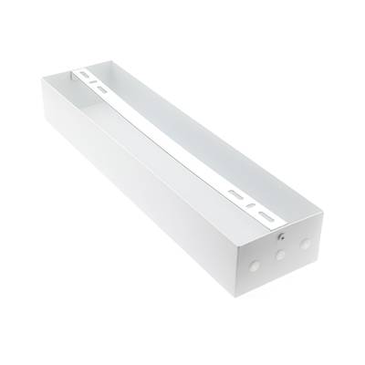 Boîtier rectangulaire pour luminaire LED blanc avec fentes d'aération sur une base blanche, idéal pour les installations électriques et d'éclairage.