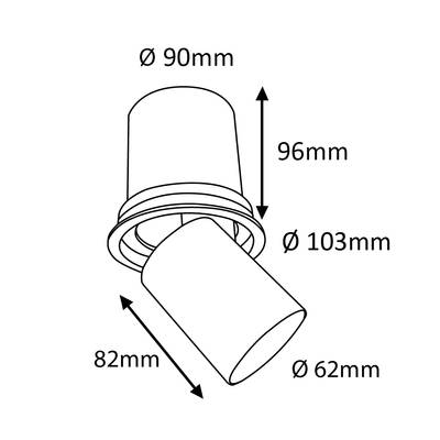 Schéma d'un luminaire LED cylindrique, dimensions incluses 90mm, 96mm, 103mm, 82mm, 62mm, profil d'éclairage