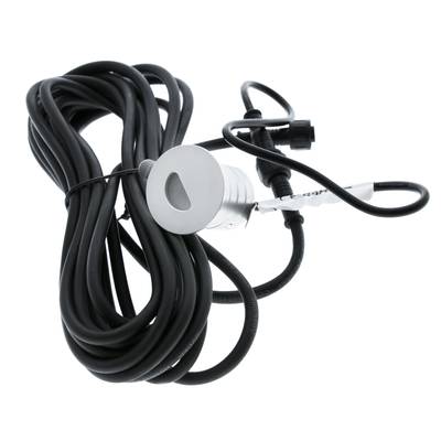 Enrouleur de câble noir avec capteur métallique rond, connecteur noir et faisceau de câbles pour solutions d'éclairage LED.
