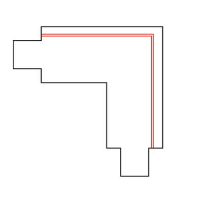 Graphique représentant un angle d'escalier noir avec un petit bord intérieur rouge sur fond blanc, représentant un éclairage LED moderne.