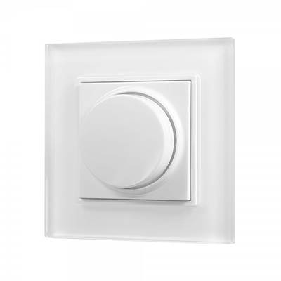 Gros plan sur un variateur blanc moderne fixé au mur, idéal pour contrôler l'éclairage LED avec un design épuré qui rehausse l'esthétique de n'importe quel espace.