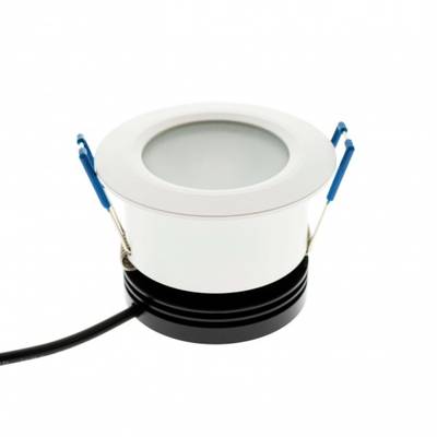 Lampe LED ronde blanche à encastrer avec supports bleus et cordon d'alimentation noir. Une solution d'éclairage économe en énergie pour les maisons et les entreprises modernes.