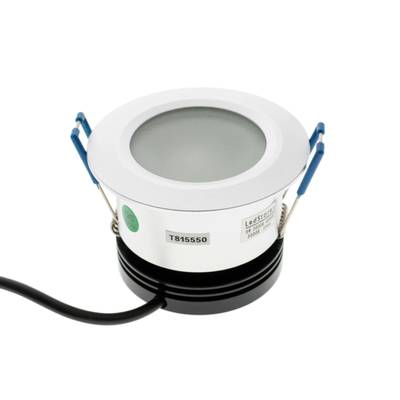 Plafonnier LED rond T815550 avec bord blanc, base noire, pince bleue et cordon d'alimentation noir. Idéal pour les solutions d'éclairage modernes.