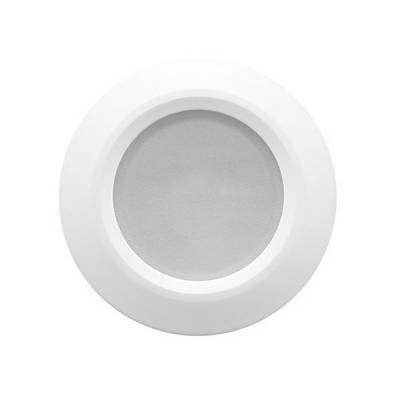 Plafonnier LED rond, boîtier blanc, diffuseur plat dépoli, vue de dessus.