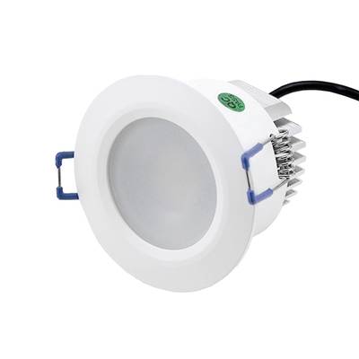 Downlight LED encastré blanc rond, dissipateur thermique, clips de montage bleus, câble noir pour éclairage de plafond.