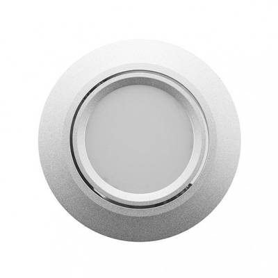 Gros plan d'un luminaire encastré circulaire à LED de couleur argentée avec une lentille givrée sur un fond blanc, mettant en valeur l'éclairage moderne à faible consommation d'énergie.