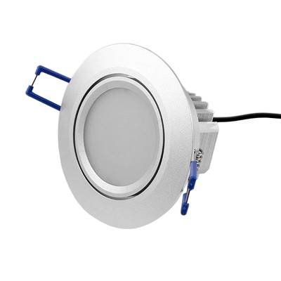 Plafonnier LED rond avec un corps élégant de couleur argentée, des supports bleus et un cordon noir. Parfait pour les solutions d'éclairage contemporaines.