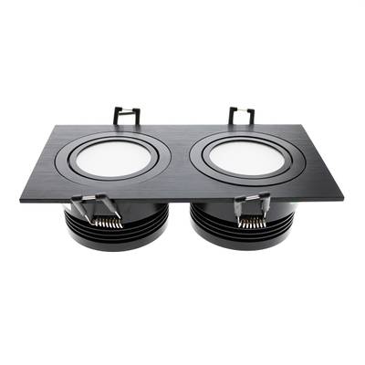 Plafonnier encastré rectangulaire noir avec deux lampes LED rondes et supports pour intérieurs modernes.