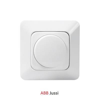 Interrupteur mural ABB Jussi blanc pour éclairage LED, bouton poussoir rond et base carrée, design moderne.