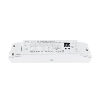 Dispositif électronique blanc avec connecteurs latéraux, affichage numérique et spécifications étiquetées ; présente des certificats d'éclairage LED.