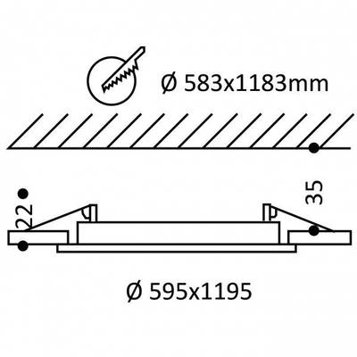 Diagramme des dimensions d'un objet rond : haut 583x1183mm (symbole de la scie), bas 595x1195mm, épaisseur 22mm - 35mm.