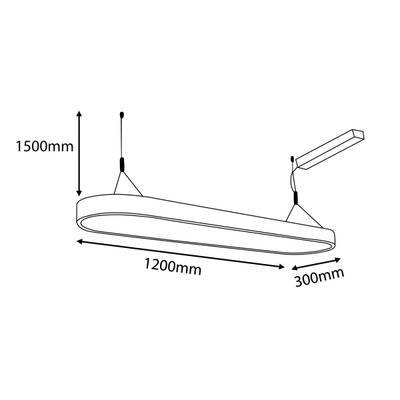 Schéma d'un luminaire LED suspendu ovale de 1500 mm de haut, 1200 mm de long et 300 mm de large.
