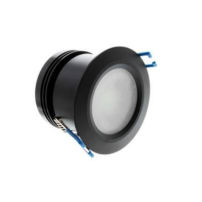 Luminaire LED encastré cylindrique noir avec lentille givrée et connecteurs de fils bleus pour des solutions d'éclairage modernes.
