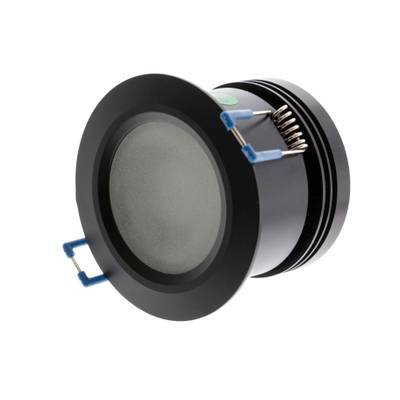 Composant électronique circulaire noir avec surface encastrée et câblage bleu, idéal pour les installations d'éclairage LED, améliorant l'efficacité énergétique et les performances.