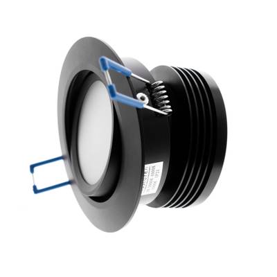 Spot encastré à LED noir avec des clips à ressort métalliques bleus et un diffuseur blanc ; la solution d'éclairage économe en énergie parfaite.