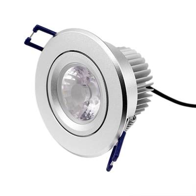 Plafonnier encastré à LED de couleur argentée avec un design circulaire, des dissipateurs thermiques, des supports bleus et un cordon noir. Idéal pour les solutions d'éclairage contemporaines.