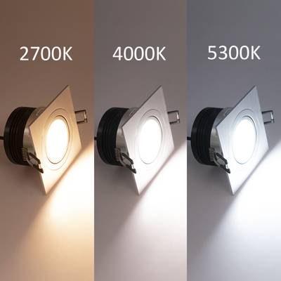Trois lampes LED carrées avec blanc chaud (2700K), blanc neutre (4000K) et blanc froid (5300K) de gauche à droite.