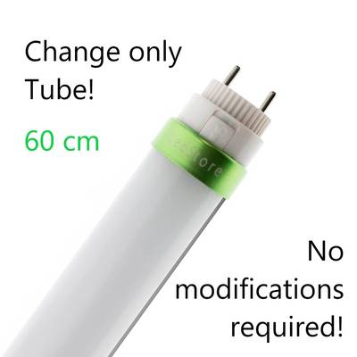 Tube LED avec ruban vert, 60 cm. Texte dans l'image : "Remplacez simplement le tube ! Pas de changement !" Solution d'éclairage économe en énergie.