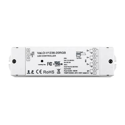 Contrôleur LED rectangulaire avec boutons et ports de connexion étiquetés avec les logos CE, RoHS et FCC pour la conformité.