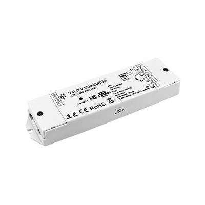 Contrôleur LED rectangulaire avec boîtier blanc, étiquettes techniques, symboles et ports de connexion pour une installation et une intégration faciles.