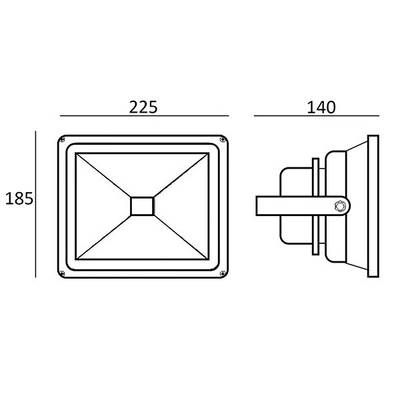 Schéma d'un spot LED rectangulaire aux dimensions suivantes : hauteur 185 mm, largeur 225 mm, profondeur 140 mm ; comprend des vues frontales et latérales à titre de référence.