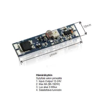Circuit imprimé LED étroit (49x10mm) avec des informations techniques d'éclairage visibles en dessous.