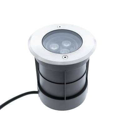 Lampe LED ronde mise à la terre avec cadre argenté, boîtier noir et cordon d'alimentation, idéale pour les chemins de jardin et l'éclairage extérieur.